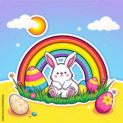 Easter vector illustration of a bunny with a colorful rainbow and Easter eggs