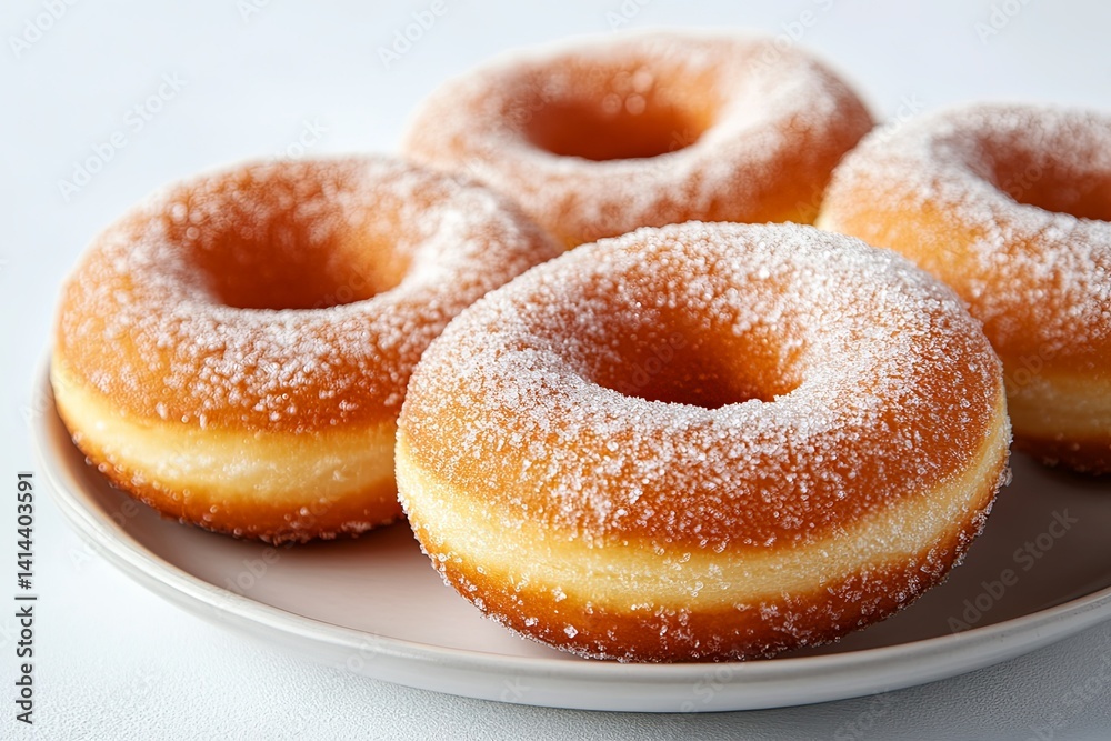 Four sugared donuts presented on a plain white ceramic plate Four sugared donuts presented on a plain white ceramic plate