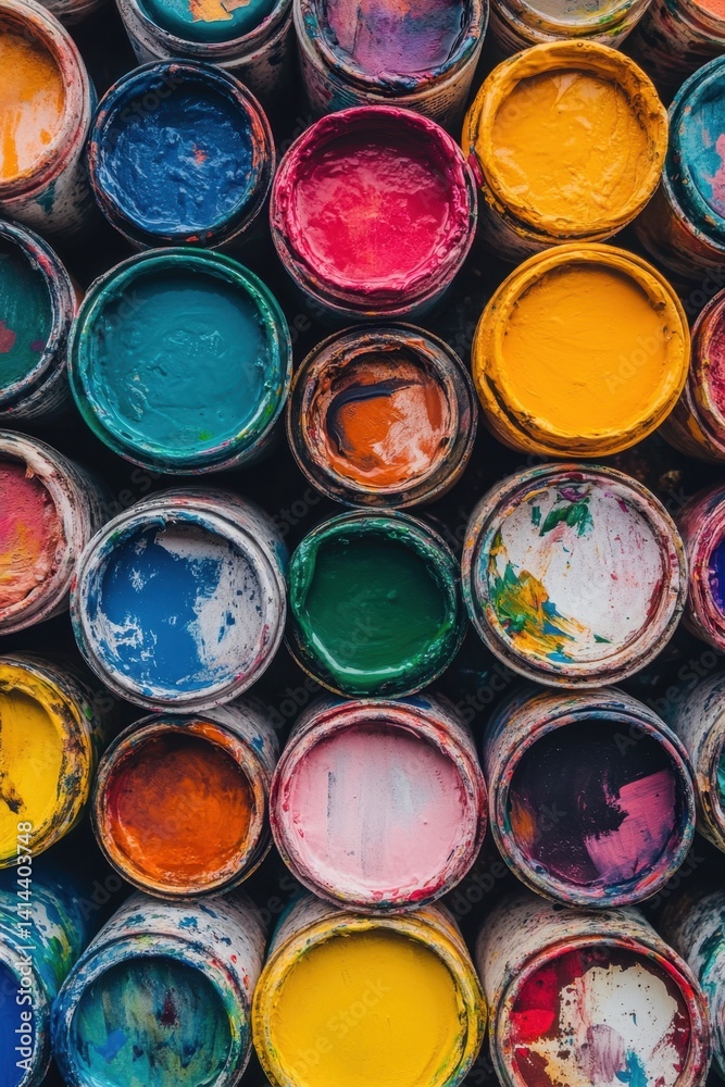 Artistic paint cans filled with vibrant colors creating a visually appealing texture and pattern from above in a studio setting for creative projects
