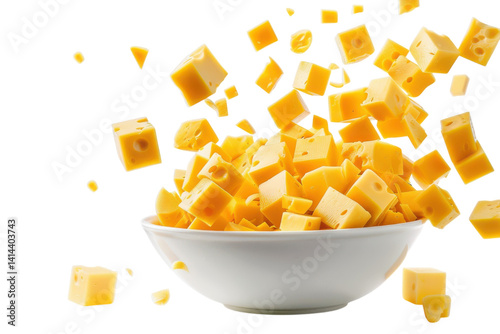A vibrant explosion of cheddar cheese cubes captured in mid-air above a white bowl isolated on transparent background
