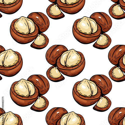Seamless macadamia nut pattern in colorful hand drawn style