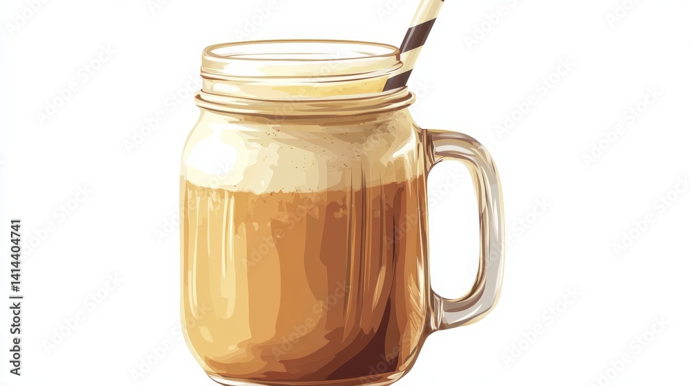 Refreshing Coffee Drink in Mason Jar with Straw and Creamy Foam Refreshing Coffee Drink in Mason Jar with Straw and Creamy Foam