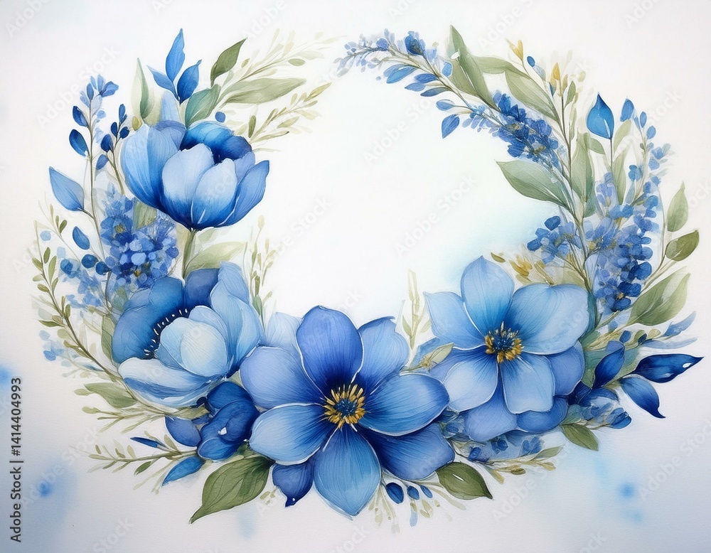 Obraz premium Blue floral wreath with watercolor for wedding, birthday, card, background, invitation,