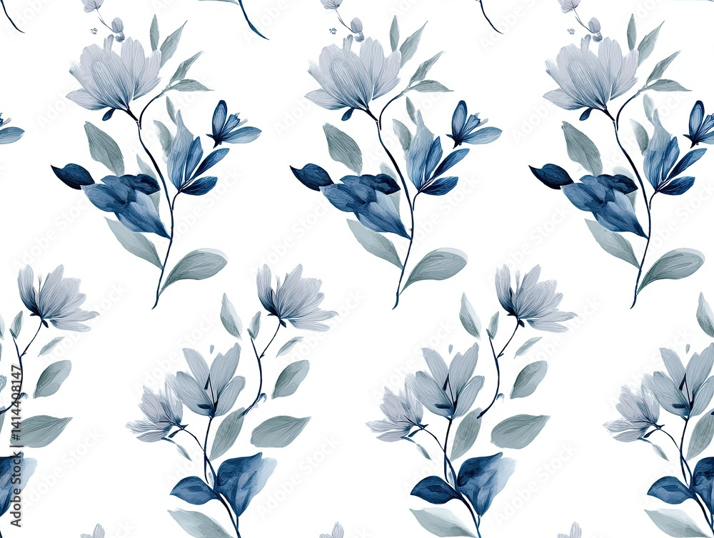 Fototapeta premium Elegant Blue Floral Pattern Seamless Design White Background Botanical Illustration Textile Print
