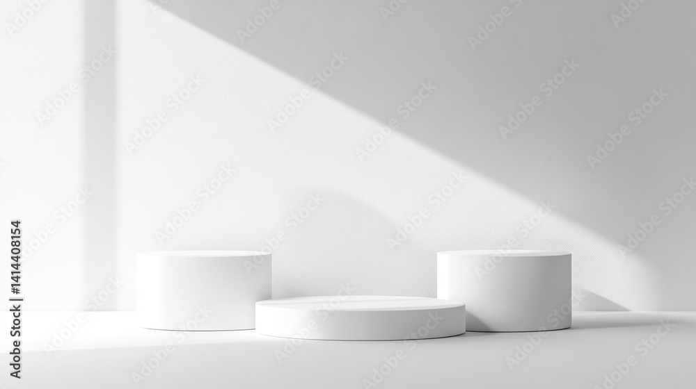 Minimal podiums on white background with soft ambient lighting for modern product display Minimal podiums on white background with soft ambient lighting for modern product display