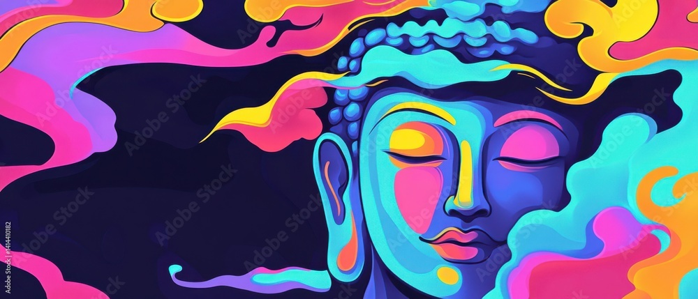 Obraz premium Colorful artistic illustration of Buddha in meditation with vibrant psychedelic aura Concept of spirituality, mindfulness, and inner peace