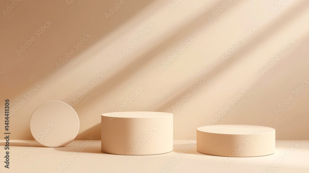 Minimal abstract vector concept featuring round podiums on a light brown background