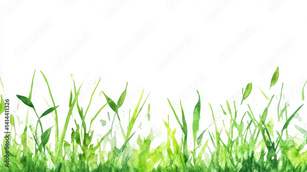 Fototapeta premium Vivid watercolor illustration of green grass edge against a white background, ideal for kids