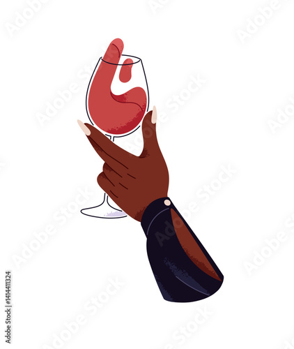 Female hand up with glass of red wine to clink. Woman with manicure holds wineglass of vino, burgundy to cheers. Cocktail, alcohol drink at the party. Flat isolated vector illustration on white