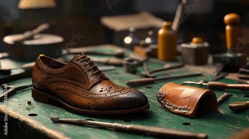 Brown brogue shoe on artisan workbench, tools and leather