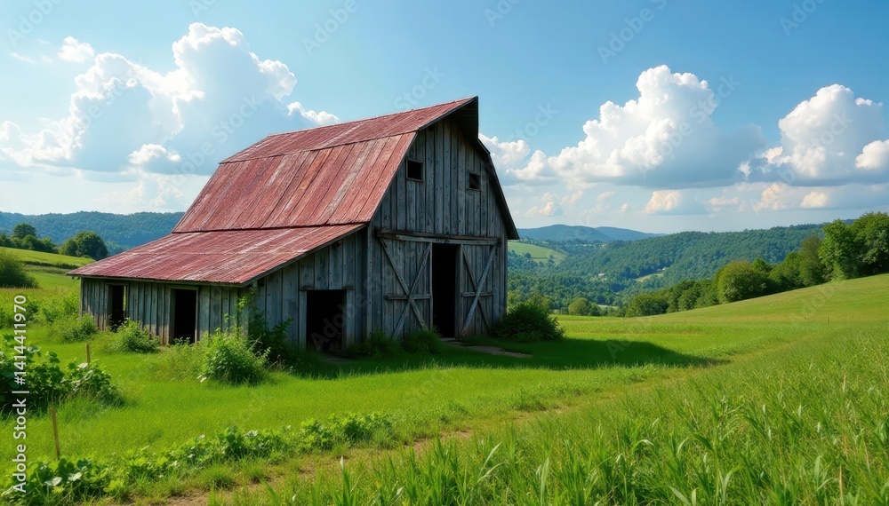 A weathered barn stands strong, surrounded by lush vegetable garden and rolling hills , countryside, farmland A weathered barn stands strong, surrounded by lush vegetable garden and rolling hills , countryside, farmland