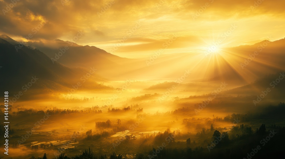 Fototapeta premium Golden Sunrise Over Misty Mountain Valley