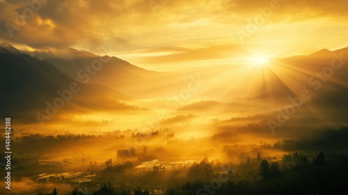 Golden Sunrise Over Misty Mountain Valley