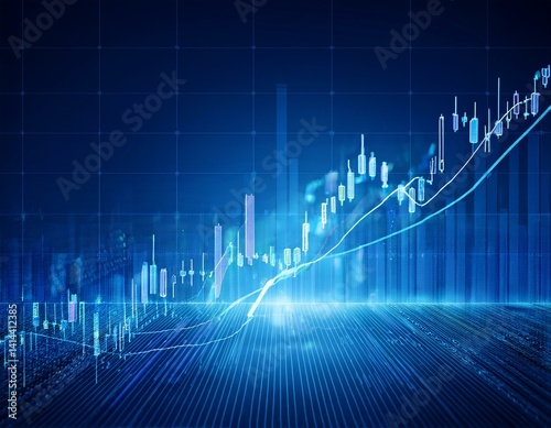 Business candle stick graph chart of stock market investment trading on blue background.