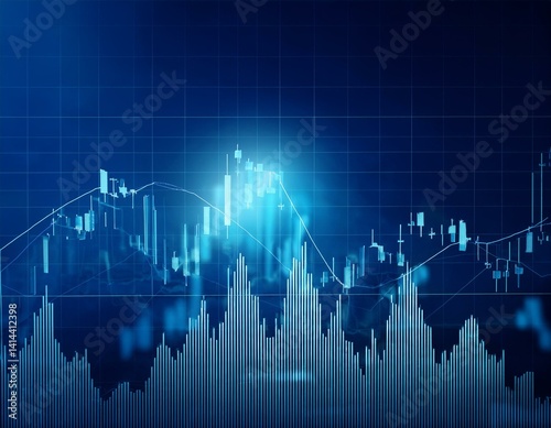 Business candle stick graph chart of stock market investment trading on blue background.