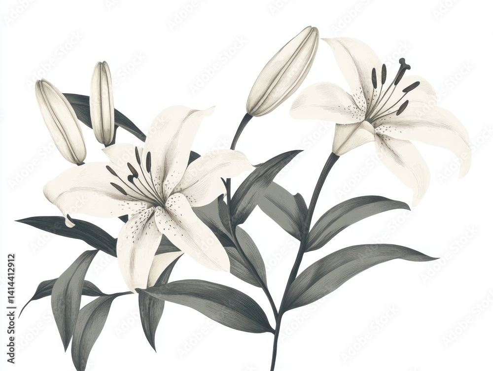Elegant botanical illustration of white lilies with gray leaves on a white background artistic floral drawing