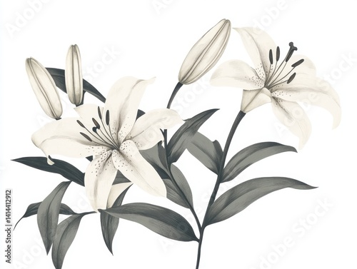 Obraz na płótnie Elegant botanical illustration of white lilies with gray leaves on a white background artistic floral drawing w salonie