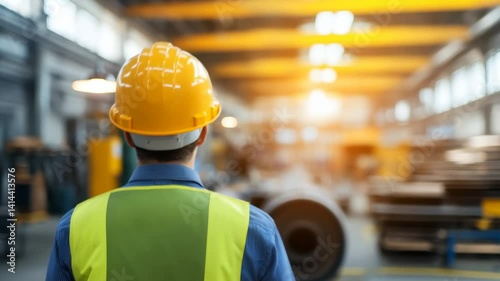 Wallpaper Mural Safety-conscious worker observes industrial workspace with warm lighting in a manufacturing facility Torontodigital.ca
