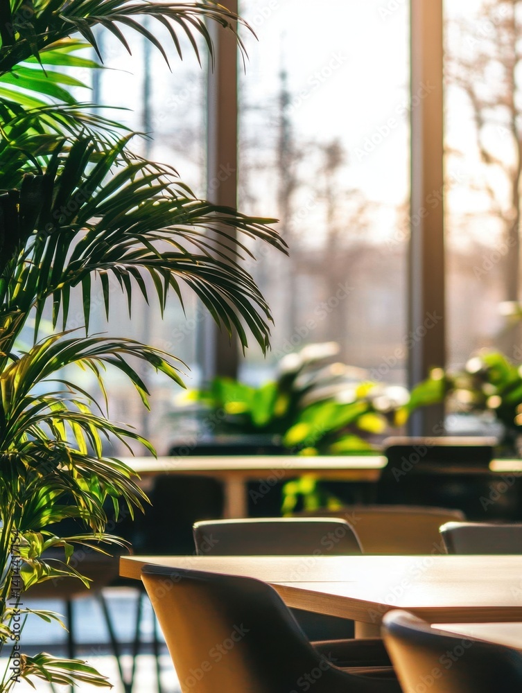 Fototapeta premium Serene workspace featuring lush green plant against a blurred window background creating a calming atmosphere for productivity and focus