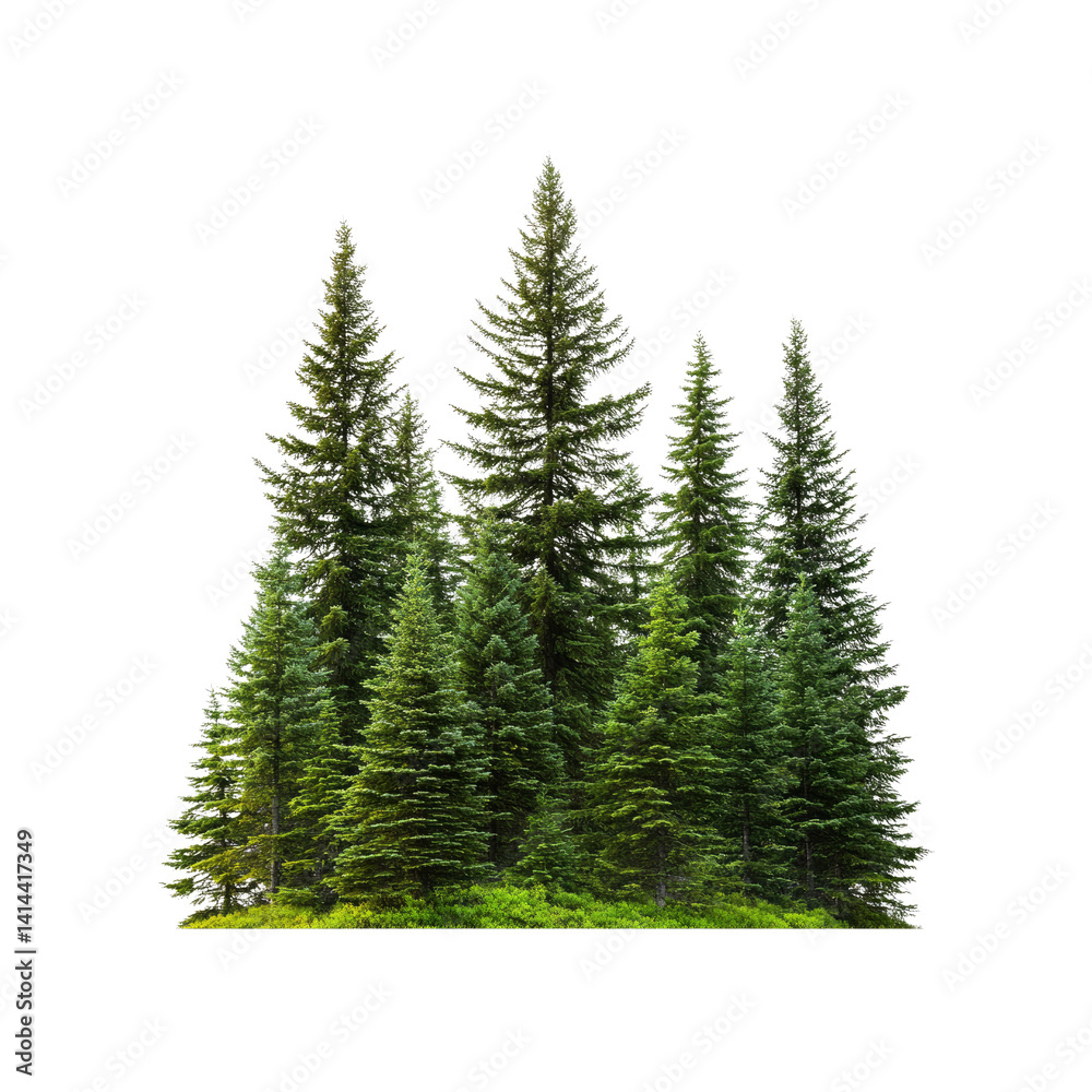 Fototapeta premium Majestic Evergreen Forest Silhouette - Group of Tall Pine Trees Isolated on Transparent Background