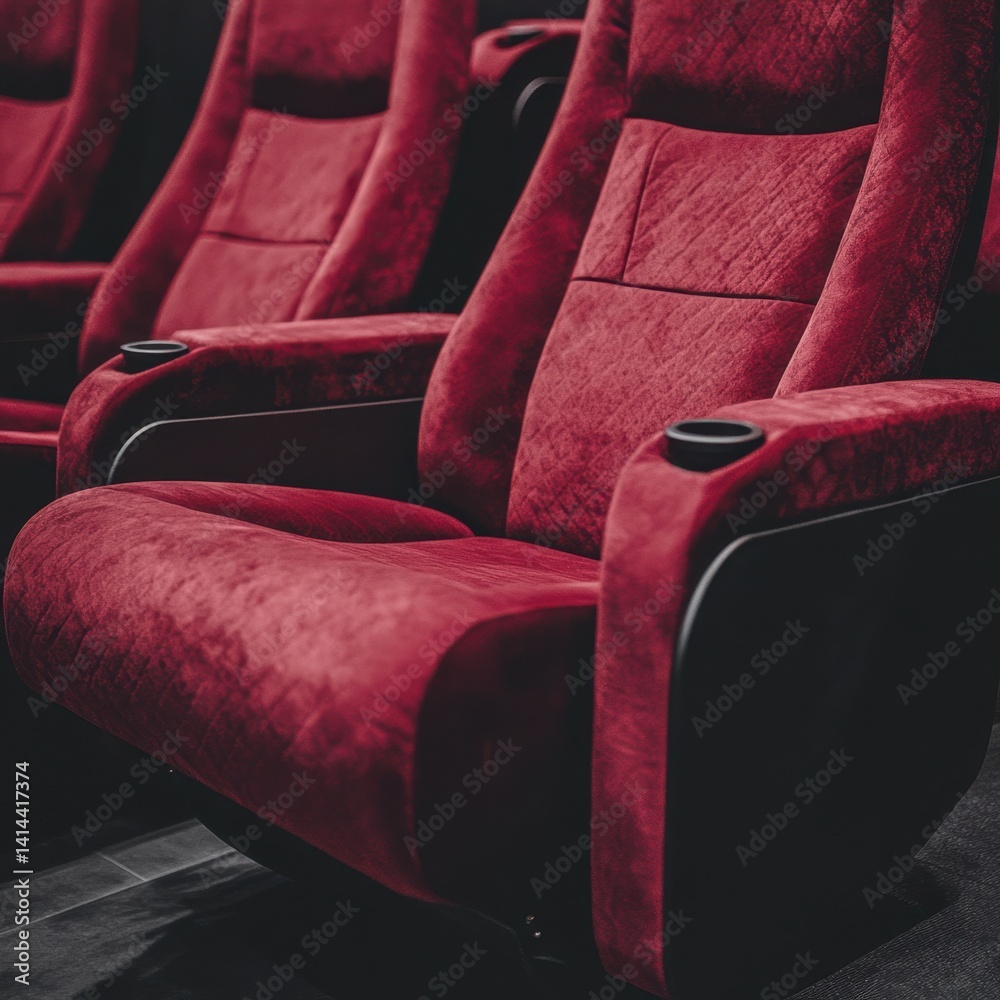 Obraz premium Luxurious Red Velvet Seats in a Modern Cinema Theater Offering Comfort and Style with Dark Ambiance and Close Up Angle