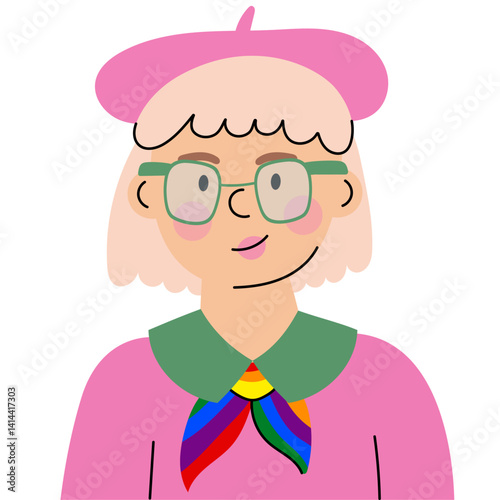 Woman character with pride scarf and glasses. person wearing a rainbow pride scarf, pink beret, and glasses, representing creativity, individuality  and LGBTQ+ pride. Flat vector illustration.