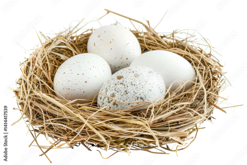 A delicate nest cradling four beautifully speckled eggs resting in soft dried grass A delicate nest cradling four beautifully speckled eggs resting in soft dried grass