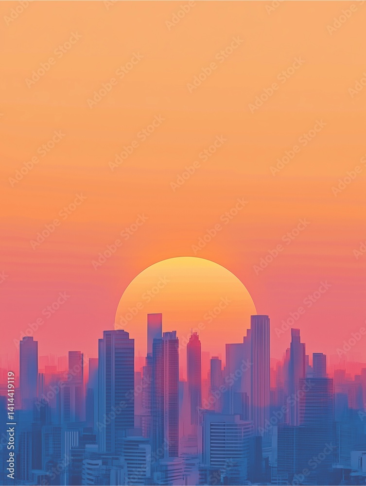 Fototapeta premium Urban Sunset: A vibrant cityscape silhouetted against the breathtaking backdrop of a sunset, the sun casting warm hues of orange and pink over the skyline.