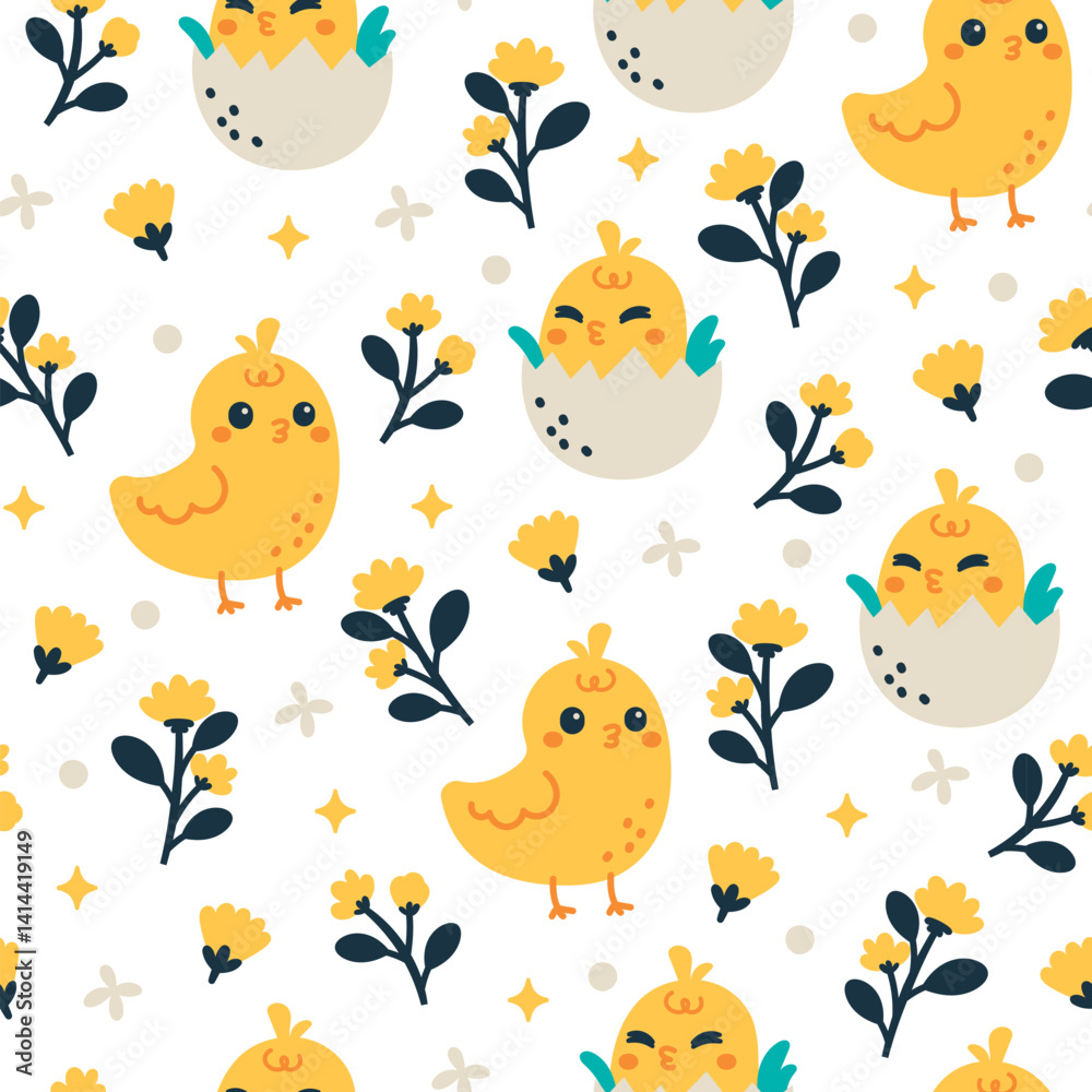 A cheerful seamless pattern features cartoon yellow chicks alongside floral illustrations. The whimsical design is suitable for various applications, including textiles and decorative projects, convey A cheerful seamless pattern features cartoon yellow chicks alongside floral illustrations. The whimsical design is suitable for various applications, including textiles and decorative projects, convey