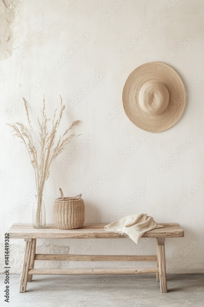 Serene interior scene with rustic bench, straw hat, woven basket, and dried grass against a cream wall