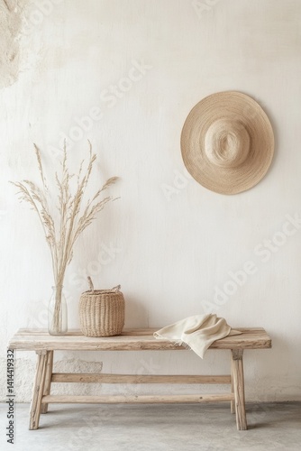 Obraz na płótnie Serene interior scene with rustic bench, straw hat, woven basket, and dried grass against a cream wall w salonie