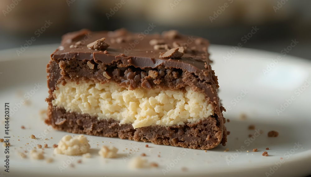 Chocolate Cream Dessert Slice with Crumbs on a Plate Chocolate Cream Dessert Slice with Crumbs on a Plate
