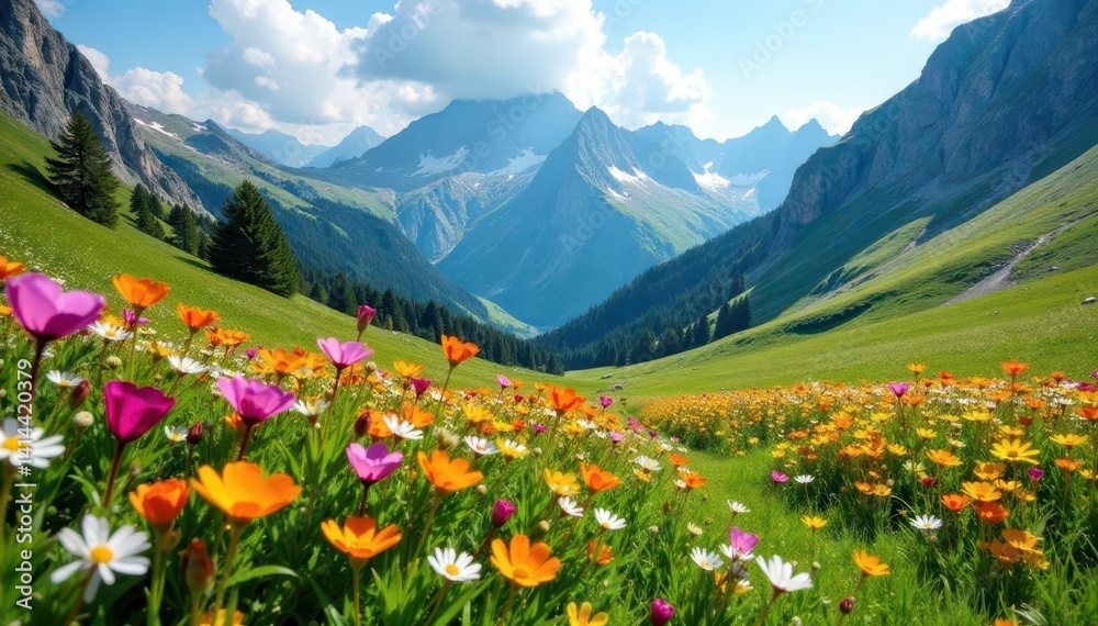 High-altitude spring meadow, vibrant wildflowers, rocky cliffs, distant peaks , hills, vista High-altitude spring meadow, vibrant wildflowers, rocky cliffs, distant peaks , hills, vista