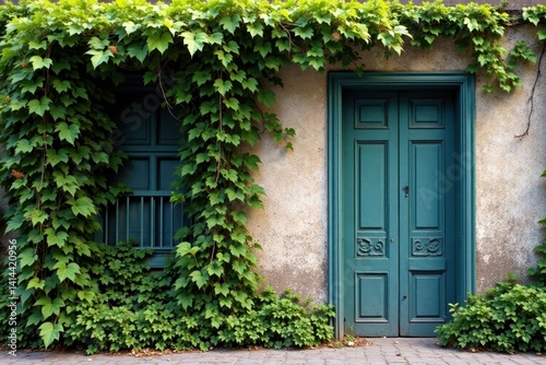 Lush green ivy overflowing from a building corner , wild, building, background