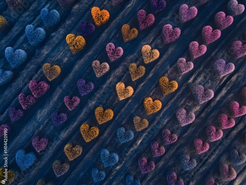 Colorful, fuzzy heart shapes arranged diagonally on a textured surface