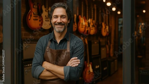Master of Strings: A seasoned craftsman stands proudly in his instrument shop, embodying the essence of expertise and passion. showcasing an authentic glimpse into the world of craftsmanship.