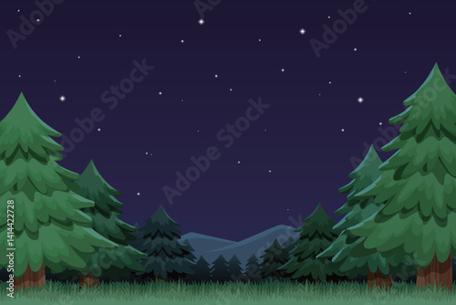 Peaceful Starry Night in a Pine Forest with Mountains and Grass under a Clear Night Sky tarry Night Forest Background with Trees, Mountains, and Stars Illustration