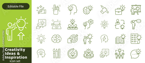 Creativity thin line icons set. Idea, creative solution and thinking, innovation icon. Editable stroke. Vector illustration