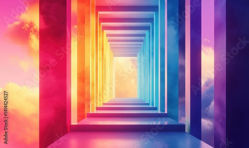 Colorful abstract corridor with vibrant lighting and surreal cloud background