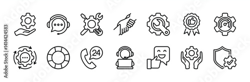 Customer and technical service thin line icon vector set. Containing support, help, assistant, feedback, time, call center 24 hours, phone contact, operator, online, maintenance, lifebuoy, recommend