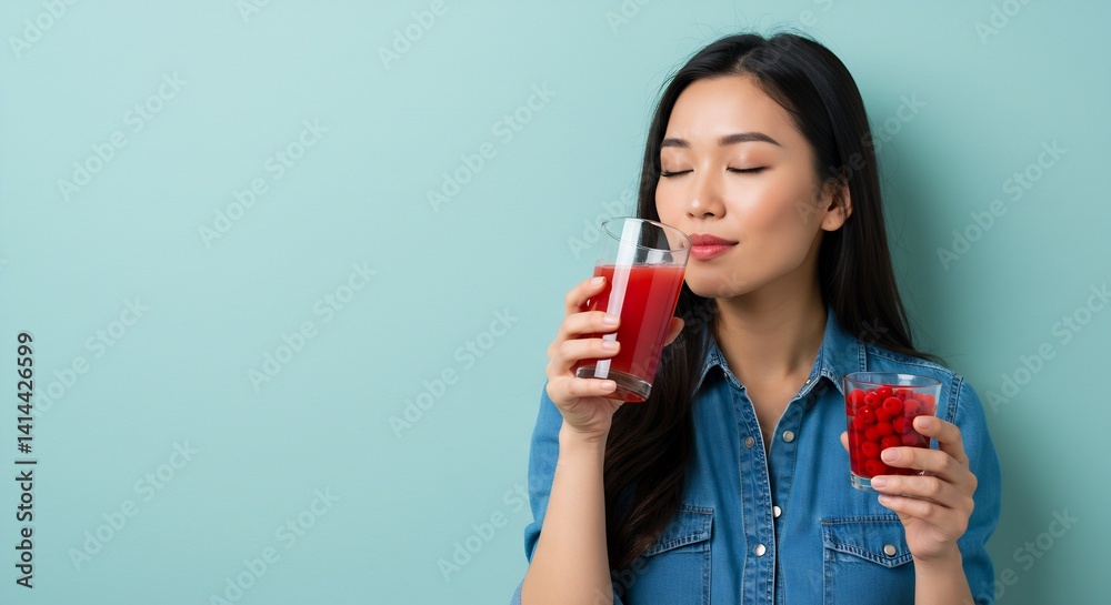 Young Asian Woman Enjoying a Refreshing Red Berry Juice, Healthy Lifestyle Concept Young Asian Woman Enjoying a Refreshing Red Berry Juice, Healthy Lifestyle Concept
