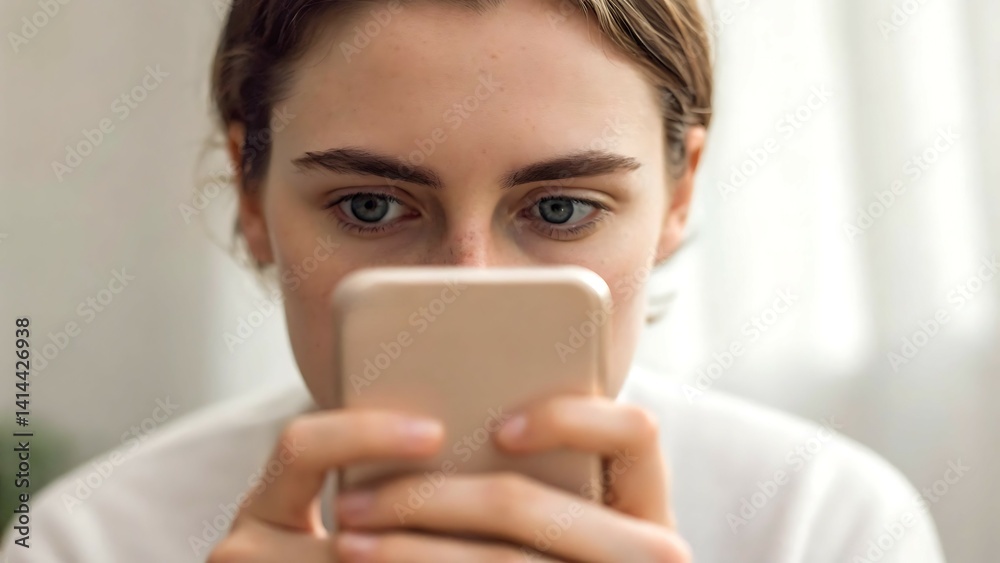 Mental Health Support and Selfcare, A focused young woman engages with her smartphone, immersed in digital content. Mental Health Support and Selfcare, A focused young woman engages with her smartphone, immersed in digital content.