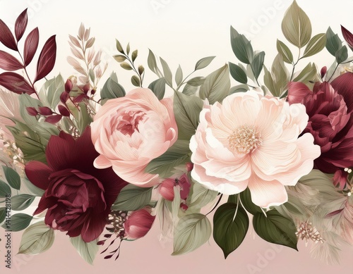 Floral banner arranged from leaves and flowers. Peony, greenery and roses card. Stylish fash photo