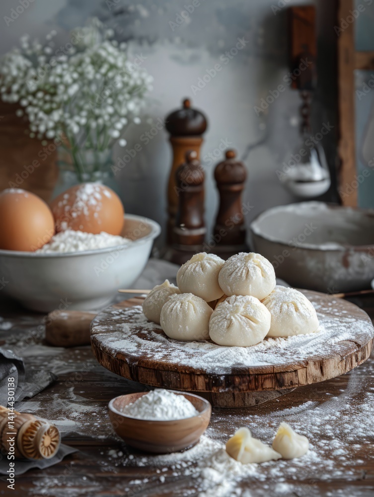 Fototapeta premium A small wooden plate holds several steamed dumplings, resembling Asian xiao long bao.