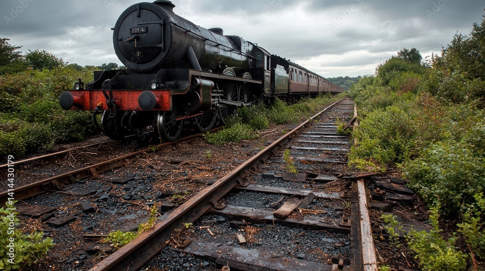 Naklejka premium Vintage steam train on overgrown railway tracks