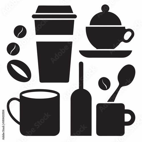 A collection of black vector silhouette icons featuring coffee cups, mugs, takeaway cups, and coffee beans. Minimalist and modern design on a white background, perfect for cafes, branding, packaging, 