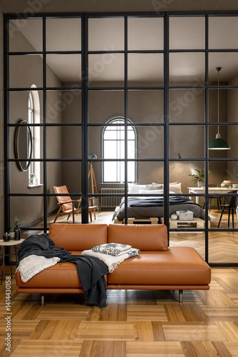 burnt orange leather chaise lounge in a modern minimalist living space photo