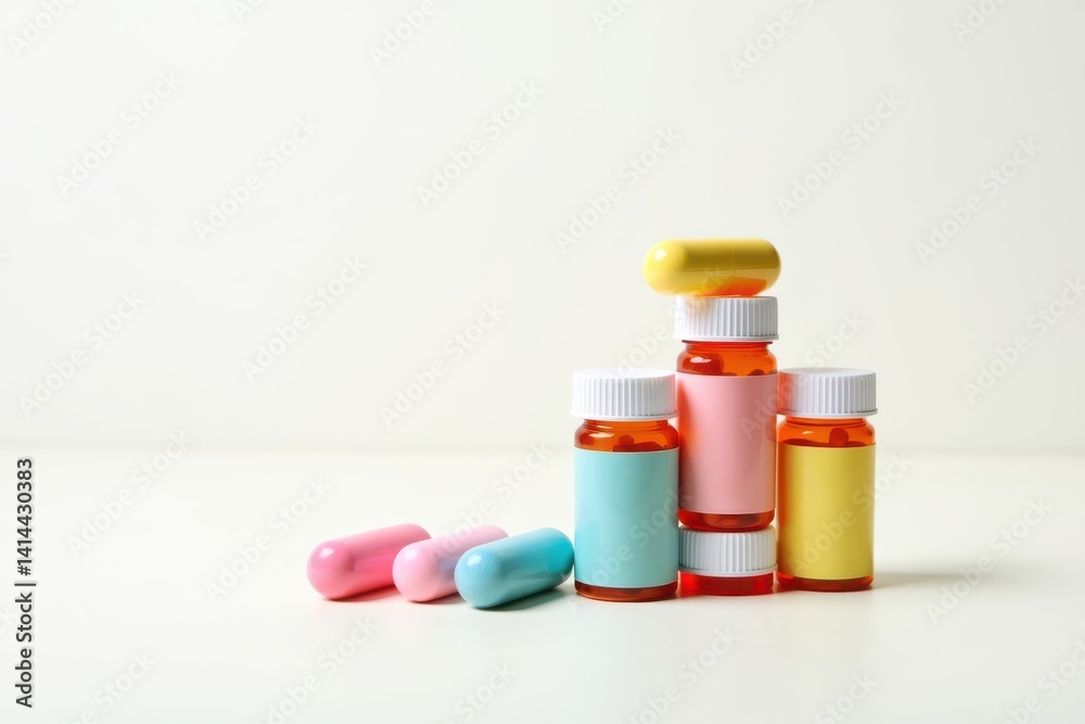 Stack of colorful medicine bottles and capsules Stack of colorful medicine bottles and capsules