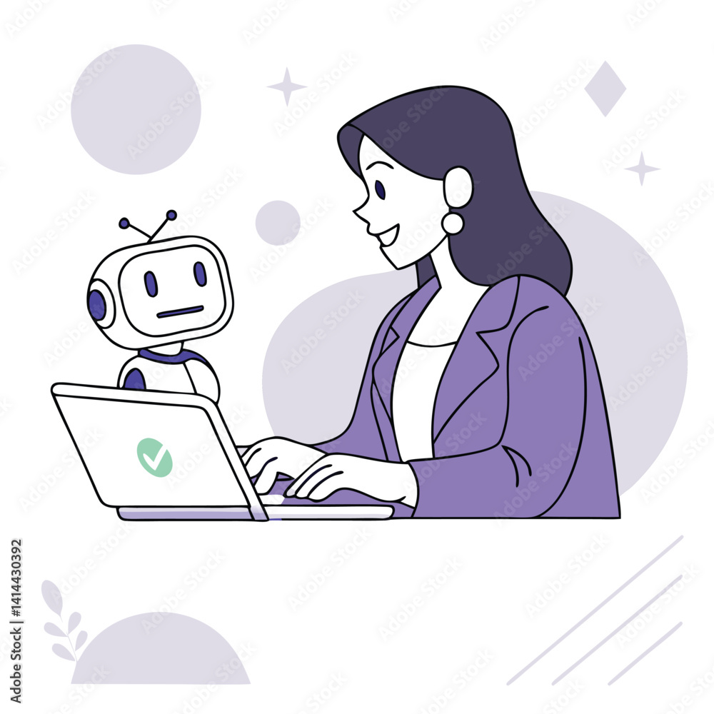 Woman And Robot Working Together On A Laptop Computer Technology And Artificial Intelligence Partnership Concept Woman And Robot Working Together On A Laptop Computer Technology And Artificial Intelligence Partnership Concept