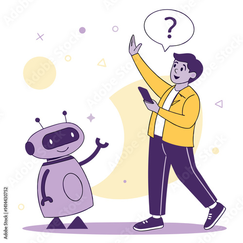Man Interacting With A Cute Robot Friend Concept Of Technology And Artificial Intelligence